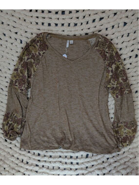 Cato Women's Floral Sleeve V-Neck Knit Top Brown Boho Long Sleeve Size Large